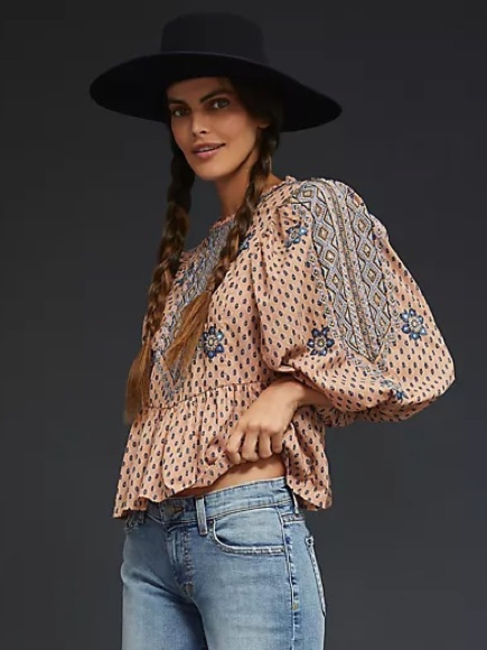 Anthropologie peasant printed peplum embroidered cotton top puffy sleeves - Picture 1 of 5